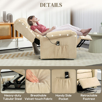 Lifting Armchair 160° Reclining  with Footrest and Remote Control, in Velvet, 85x88x109 cm, Cream