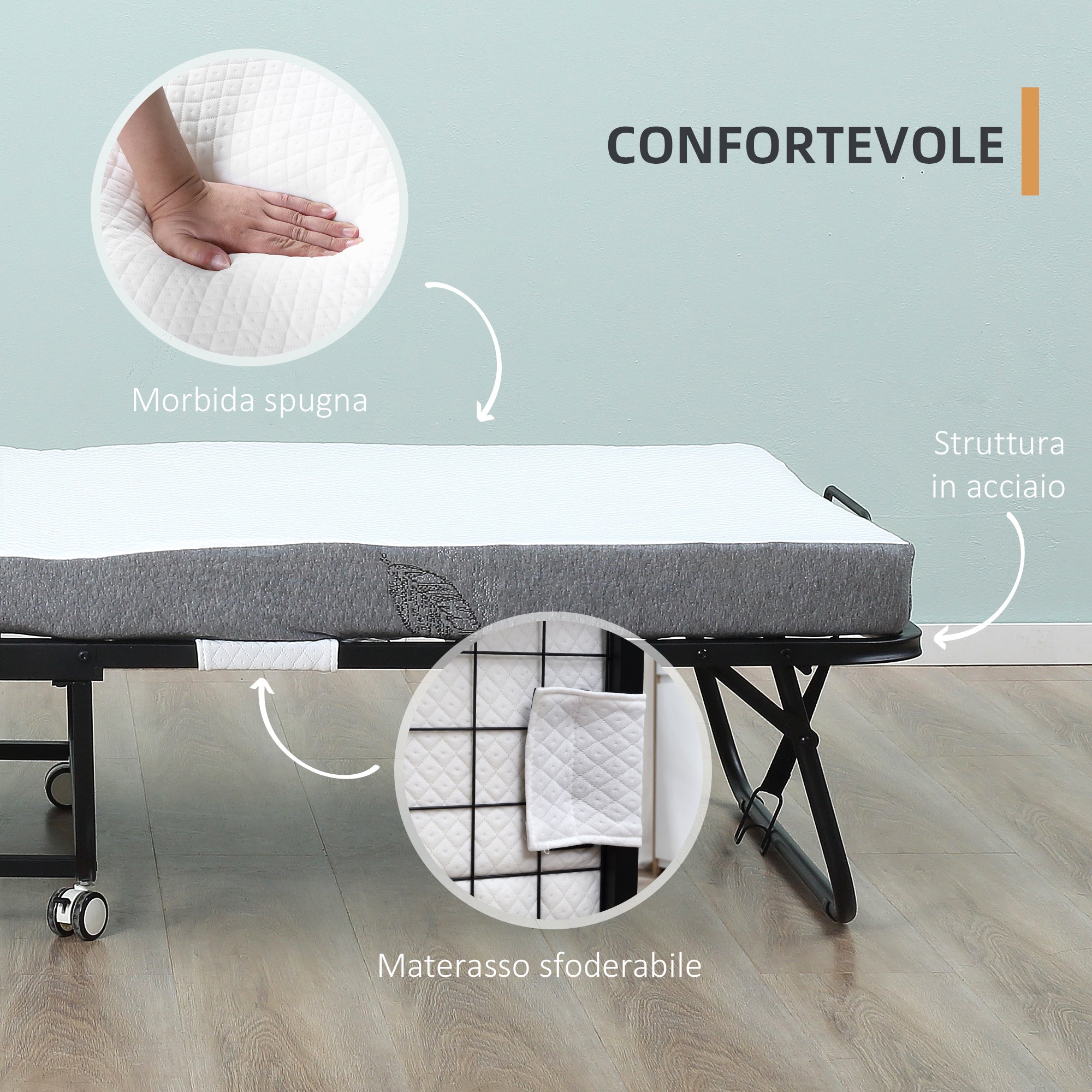 Folding Single Bed 90x200cm with 10cm Thick Mattress, Metal Base and Wheels with Brakes, Black