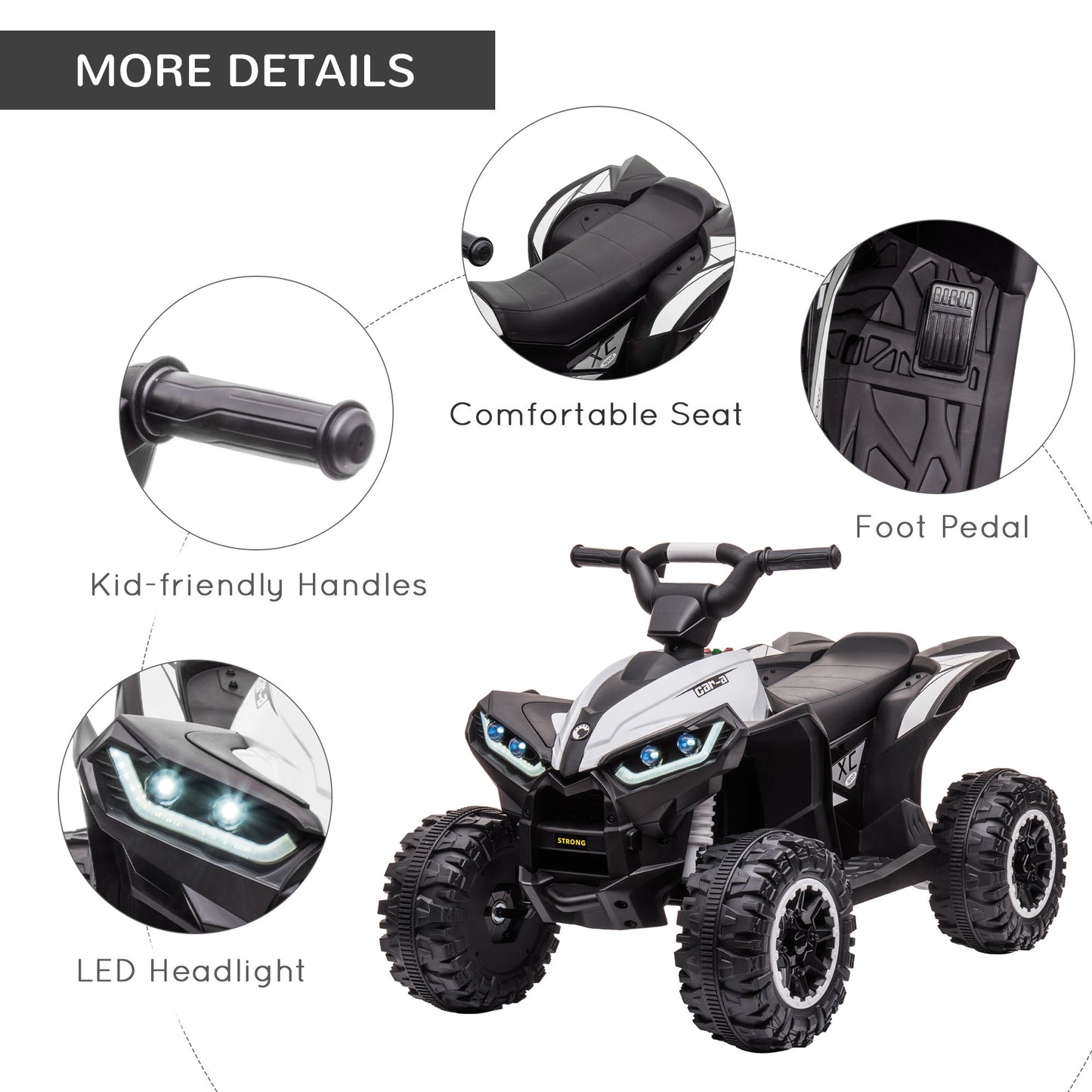 Quad for Children 3-5 Years Electric 12V, 2 Speed, Wide Wheels with Suspension and LED Headlights, White