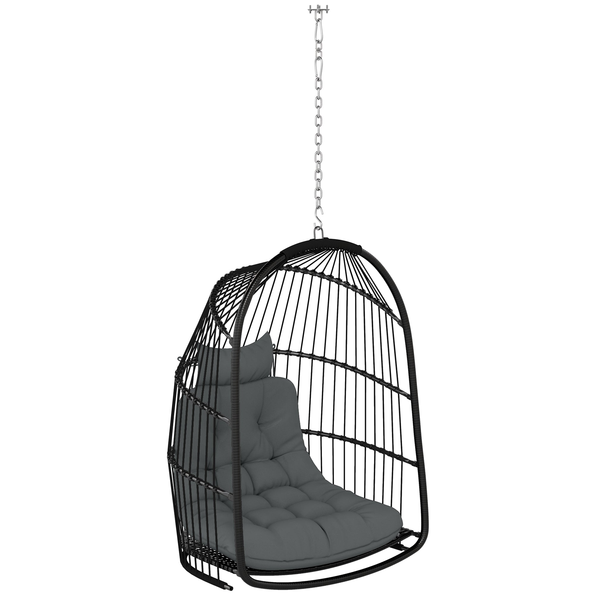 Indoor Outdoor Folding Swing Hanging Chair with Cushion and Headrest, Dark Grey