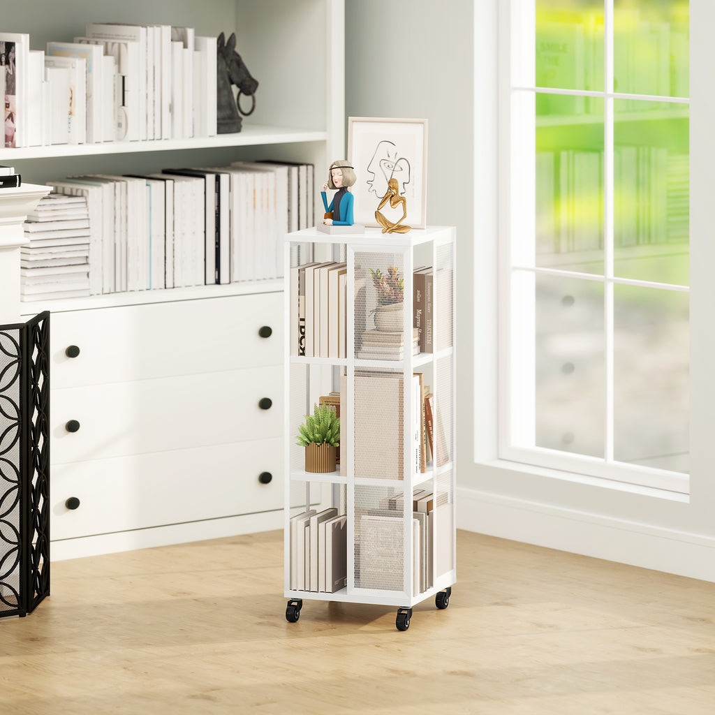 Modern 3-Tier Metal Mesh Bookcase with Wheels, 35x35x99cm, White