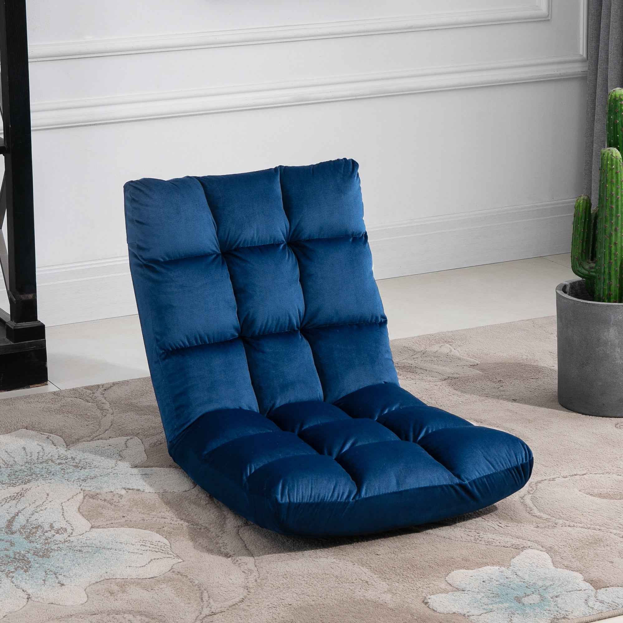 HOMCOM Velvet Floor Chair with 180° Reclining Backrest and Thick Padding, 55x71x53.5cm, Blue