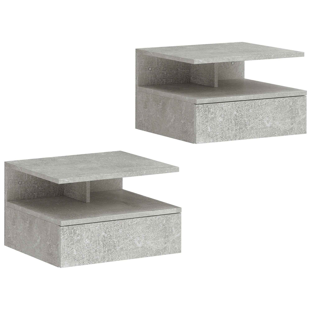 HOMCOM Set of 2 Floating Bedside Tables with Drawer and Open Shelf, 35x32x22.5 cm, Cement Grey