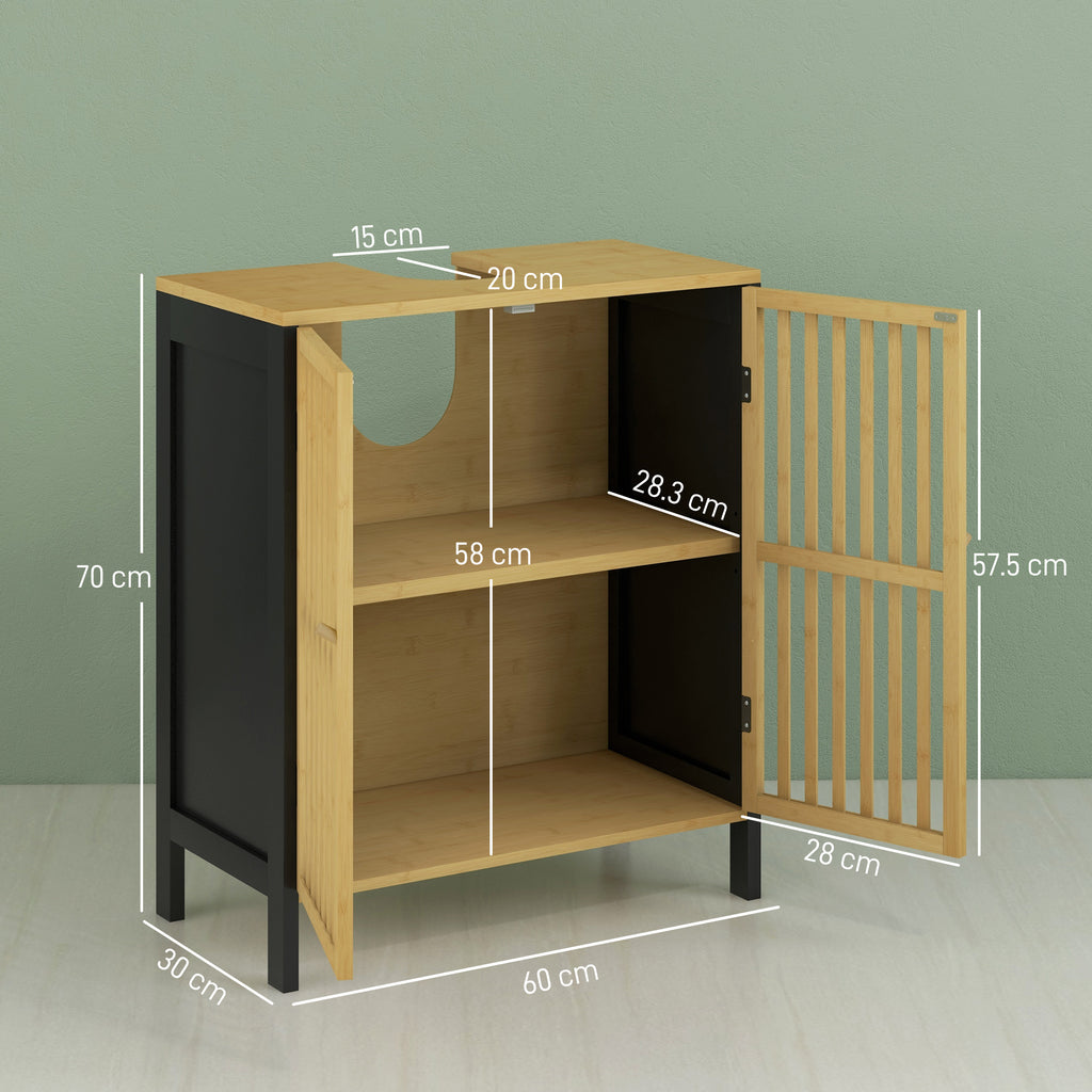 HOMCOM Bathroom Vanity Unit with 2 Slatted Doors in Bamboo Wood and MDF with U-Cut, 60x30x70cm - Borgè