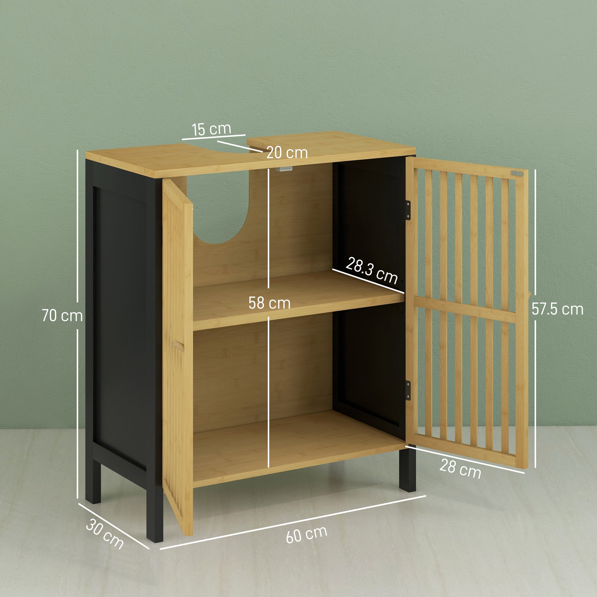 HOMCOM Bathroom Vanity Unit with 2 Slatted Doors in Bamboo Wood and MDF with U-Cut, 60x30x70cm - Borgè