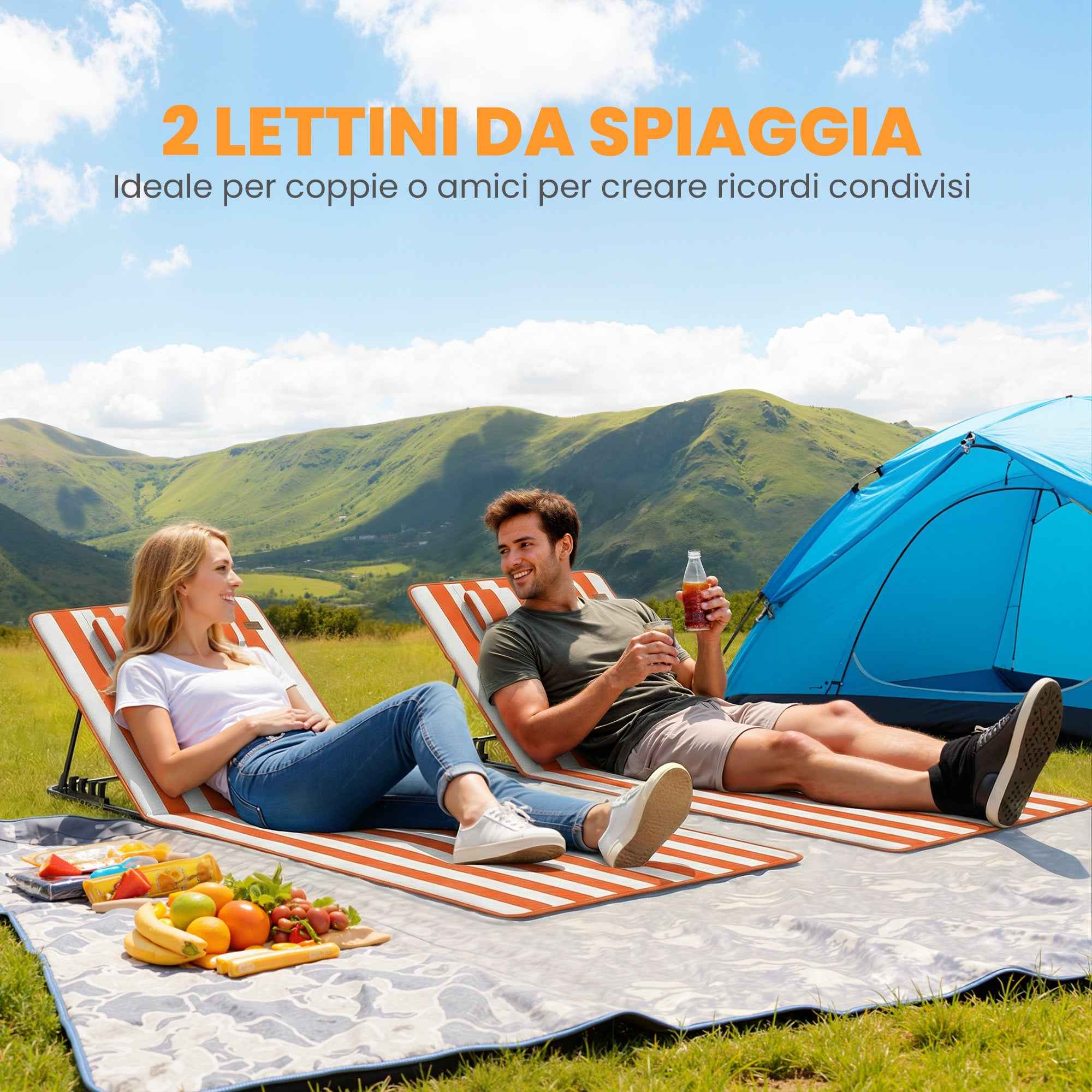 Outsunny Set of 2 Portable Folding Beach Loungers with Adjustable Backrest, Orange.