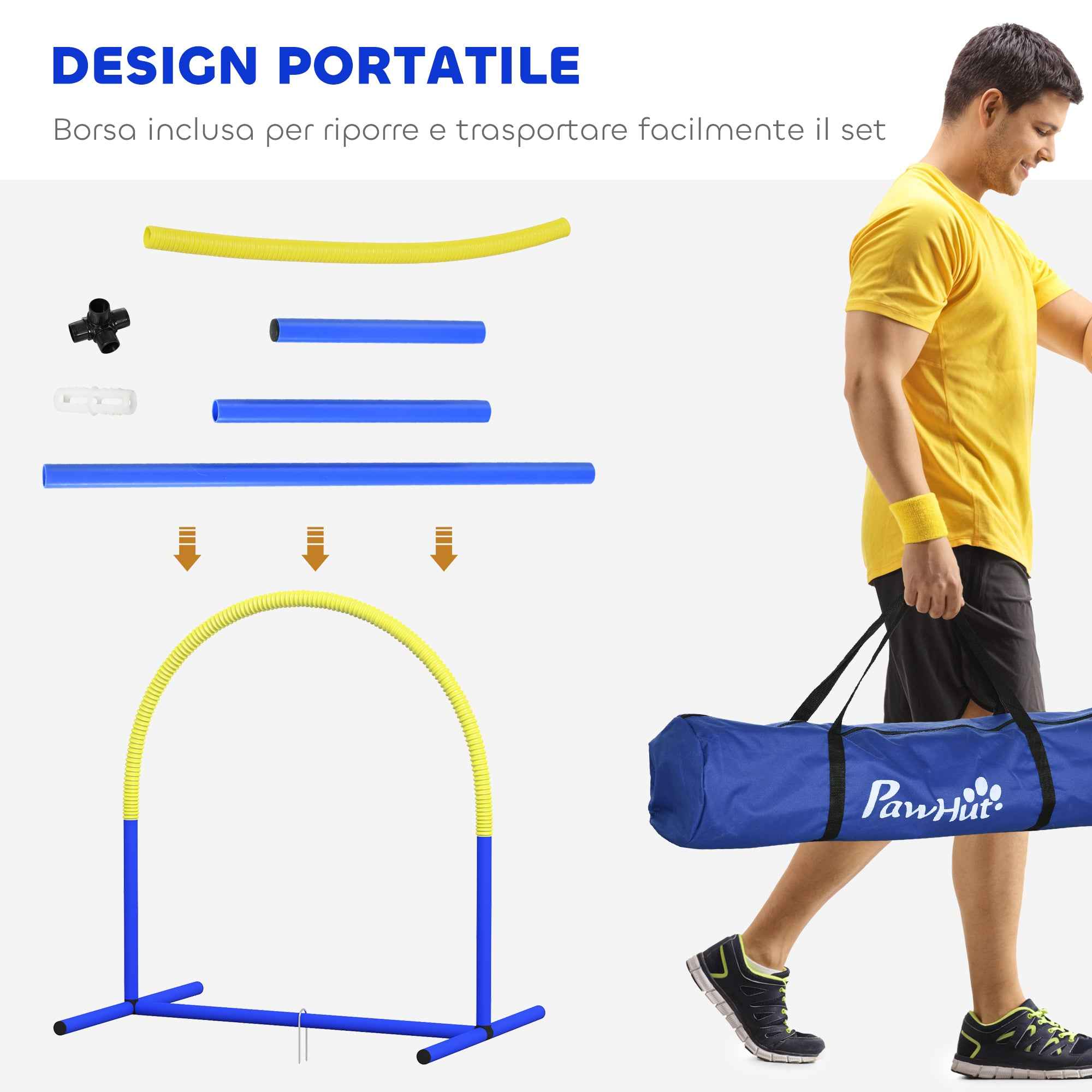 PawHut Dog Agility Set with 4 Modular Arches and Carry Bag, 88x64x95 cm, Blue and Yellow
