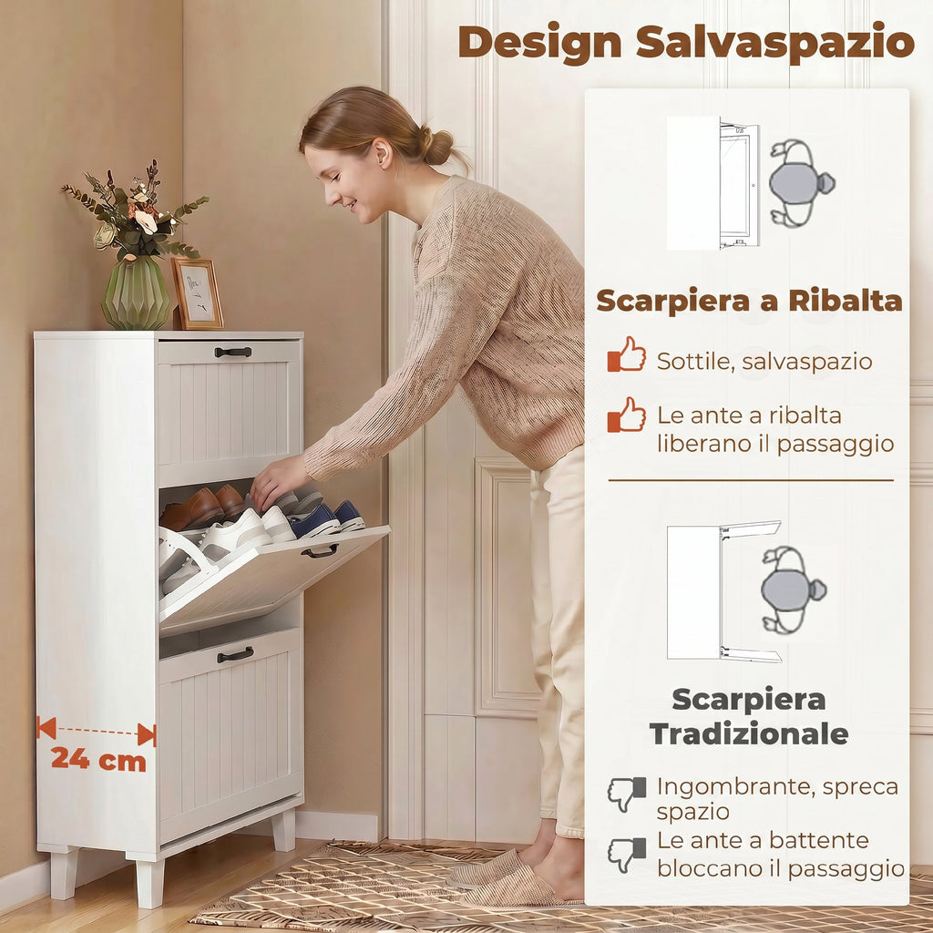 HOMCOM Space-Saving Shoe Rack with 3 Folding Drawers and Adjustable Shelves, 60x24x118 cm, White
