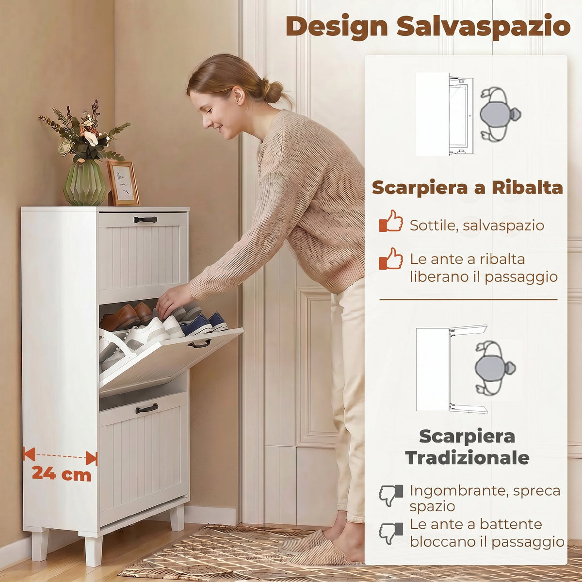 HOMCOM Space-Saving Shoe Rack with 3 Folding Drawers and Adjustable Shelves, 60x24x118 cm, White