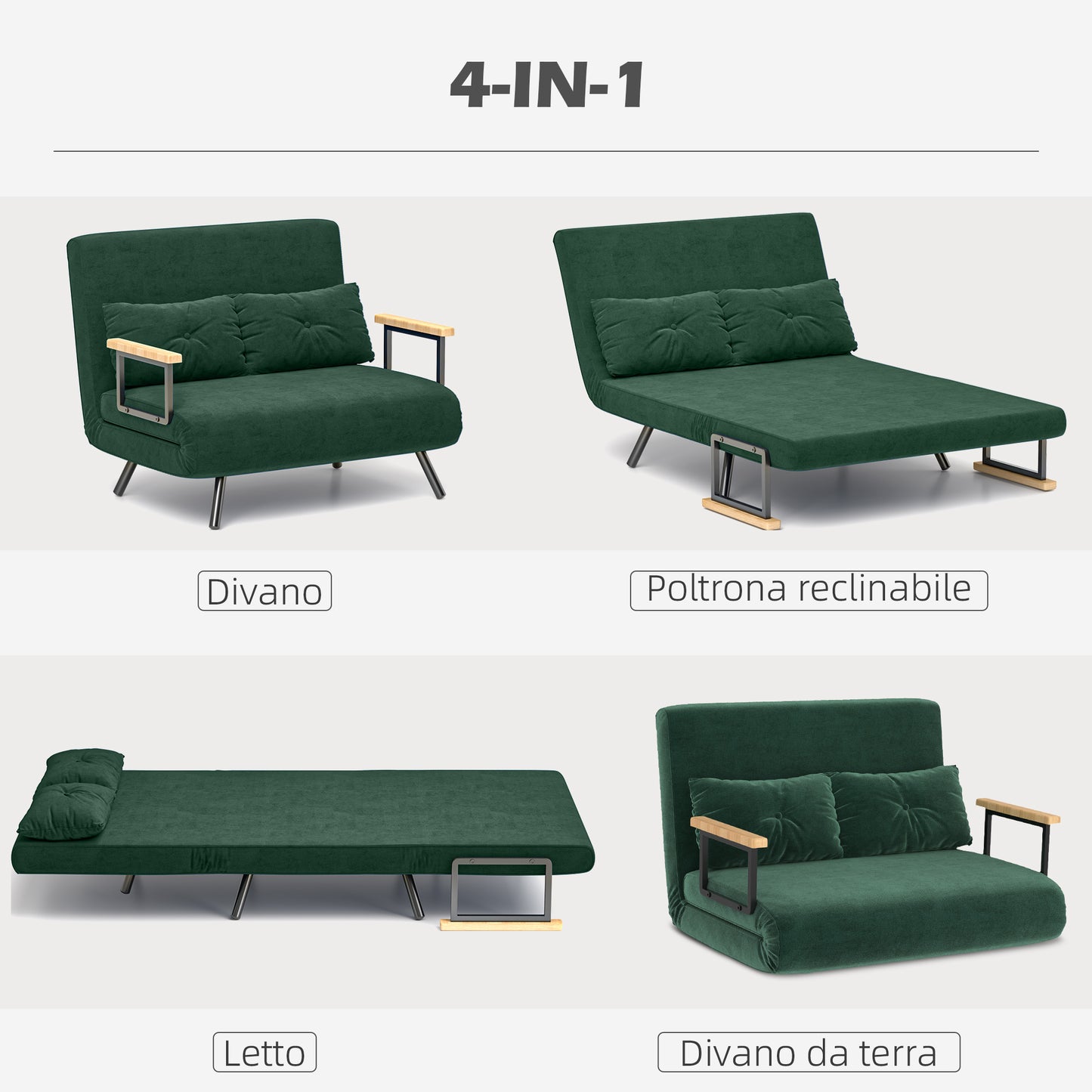 3-in-1 Velvet Effect Fabric Sofa Bed with Adjustable Backrest and 2 Cushions, 102x73x81 cm, Green