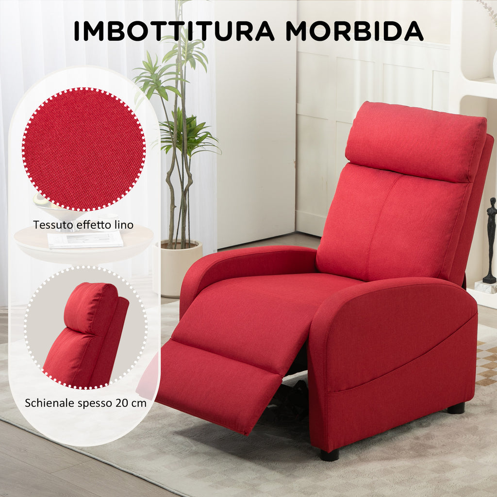 Reclining Relax Chair with Footrest in Linen Effect Fabric, 69x85x100 cm, Red