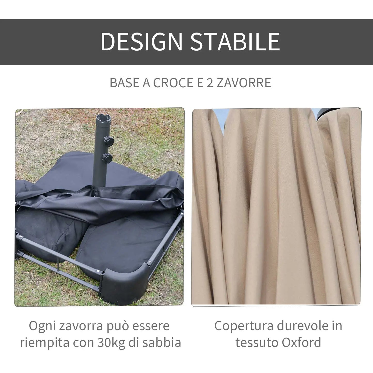 Double Garden Umbrella 460x270cm, Outdoor Umbrella with Crank Opening, Cross Base and Ballast, Steel and Khaki Polyester