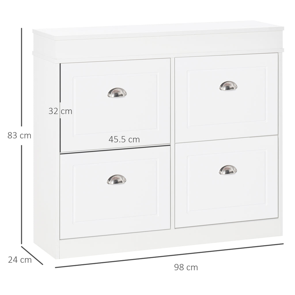 Space-Saving Wooden Shoe Rack with 4 Flap Drawers and Adjustable Shelf for 16 Shoes, 98x24x83cm, White