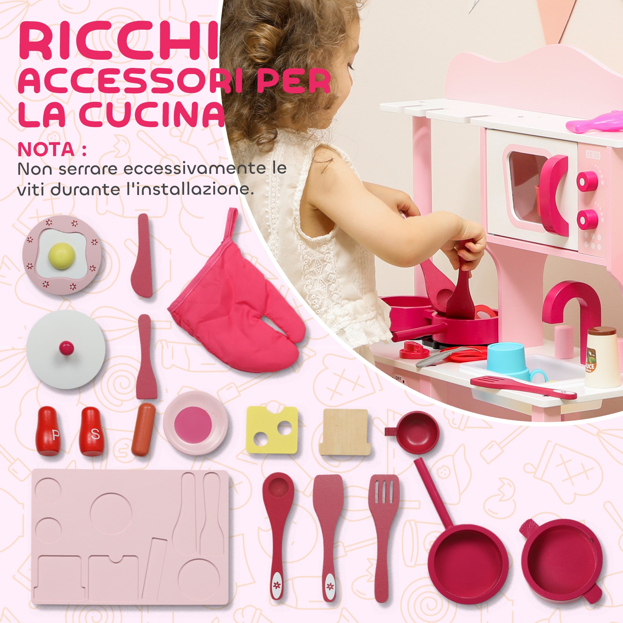 Toy Kitchen for Children 3+ Years with Microwave, Hob and Sink, Made of Wood, 55x24x86 cm, Pink