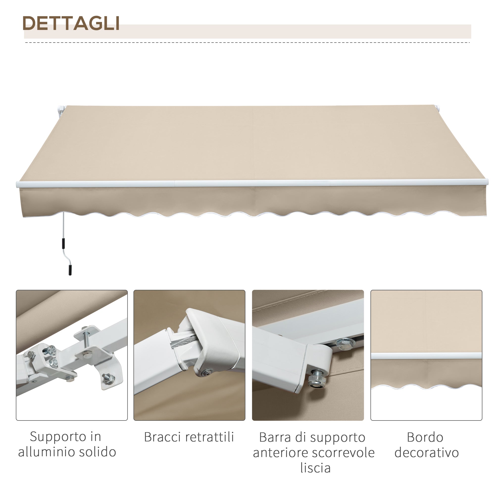 Outdoor Awning with Roller Arms and Crank Opening, 360x250 cm, Cream - Borgè