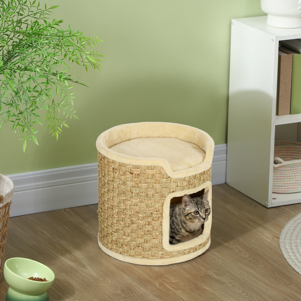 PawHut 37cm High, 2-Tier Cat Tree with Nest and Sisal Rope, Up to 5kg, Khaki