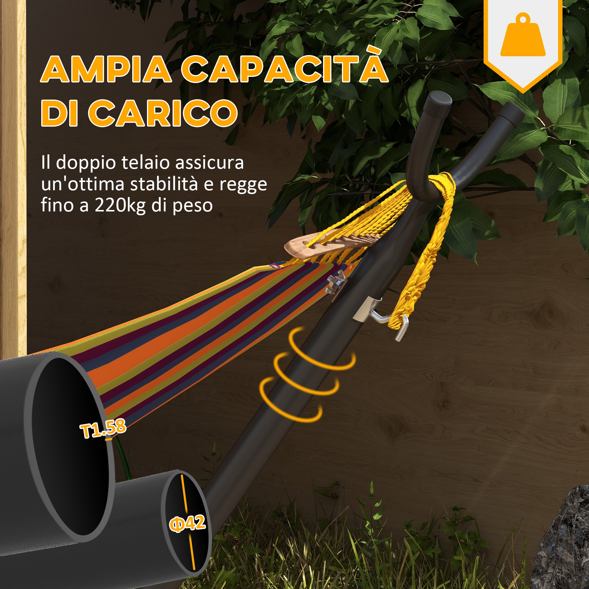 Outsunny Hammock Stand, 330 cm Max, with 6 Holes and Wheels, Metal, 290 x 120 x 115 cm, Black