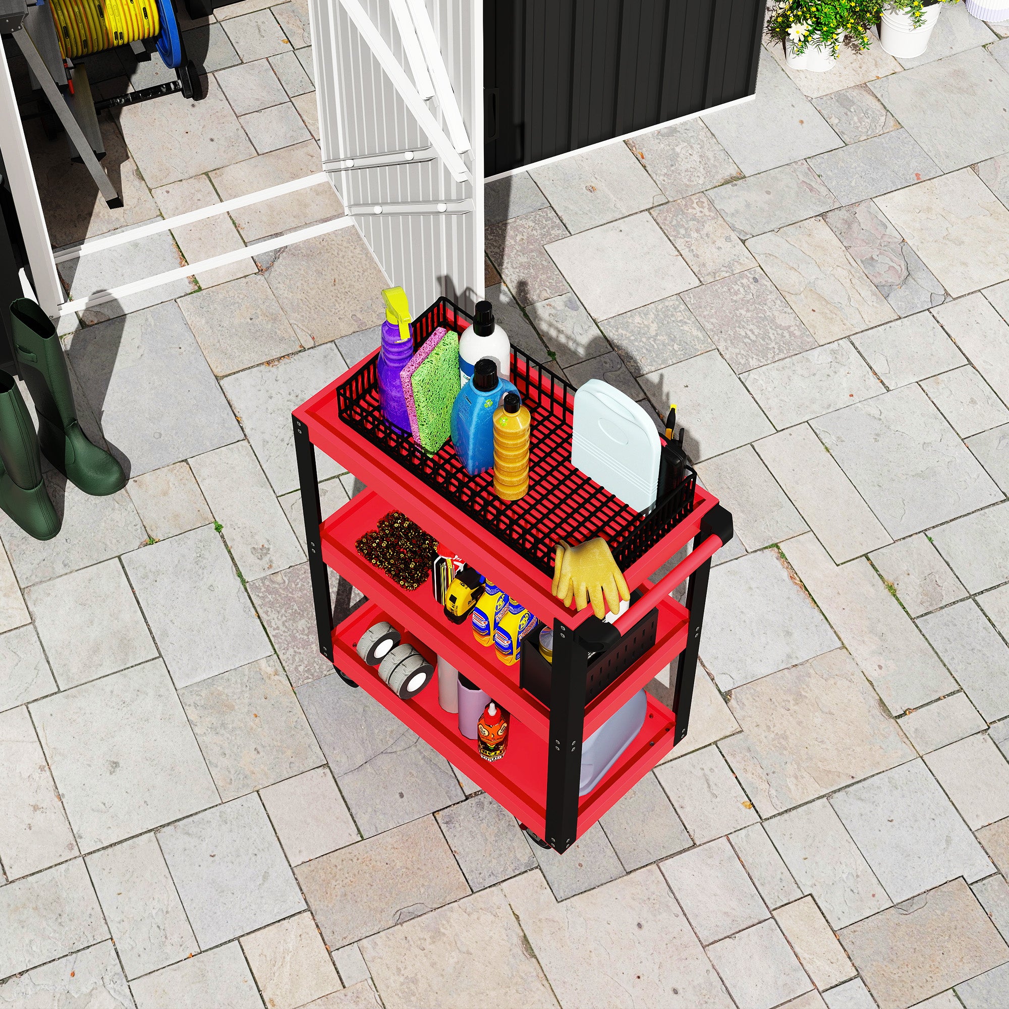 3-Tier Metal and PP Tool Cart, 70.5x35x82.5 cm, Red and Black