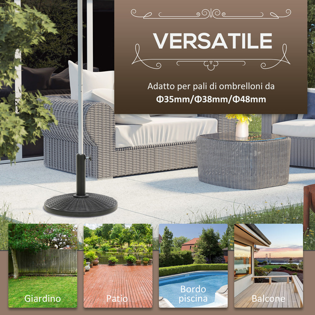 12.5kg Round Rattan Effect Umbrella Base, Support for 38mm and 48mm Poles, Ø44.5cm, Black