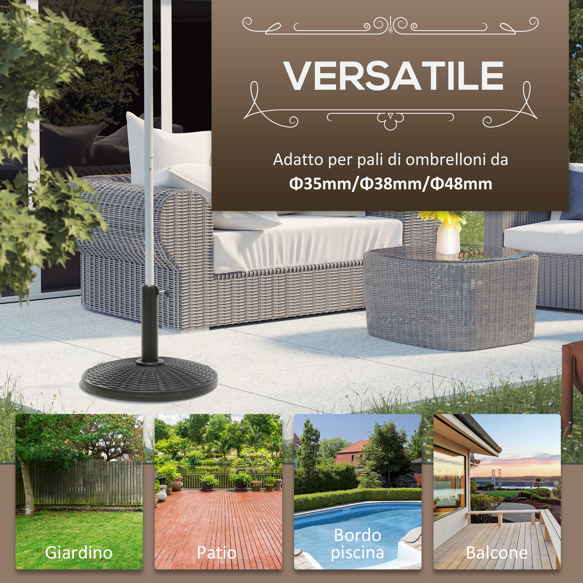 12.5kg Round Rattan Effect Umbrella Base, Support for 38mm and 48mm Poles, Ø44.5cm, Black