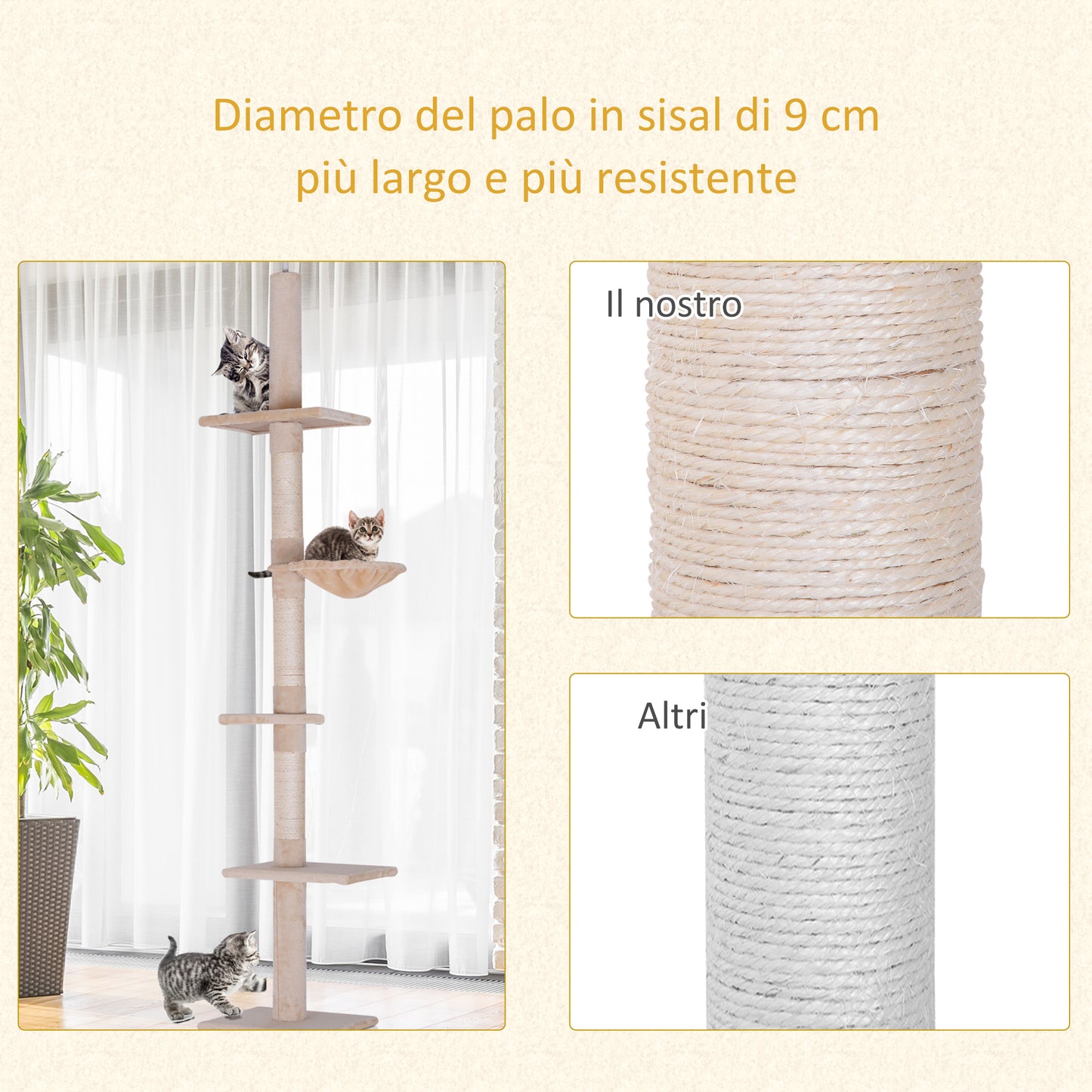 Multi-Level Ceiling Cat Tree with Hammock and Adjustable Height, 40x34x230-260cm, Beige