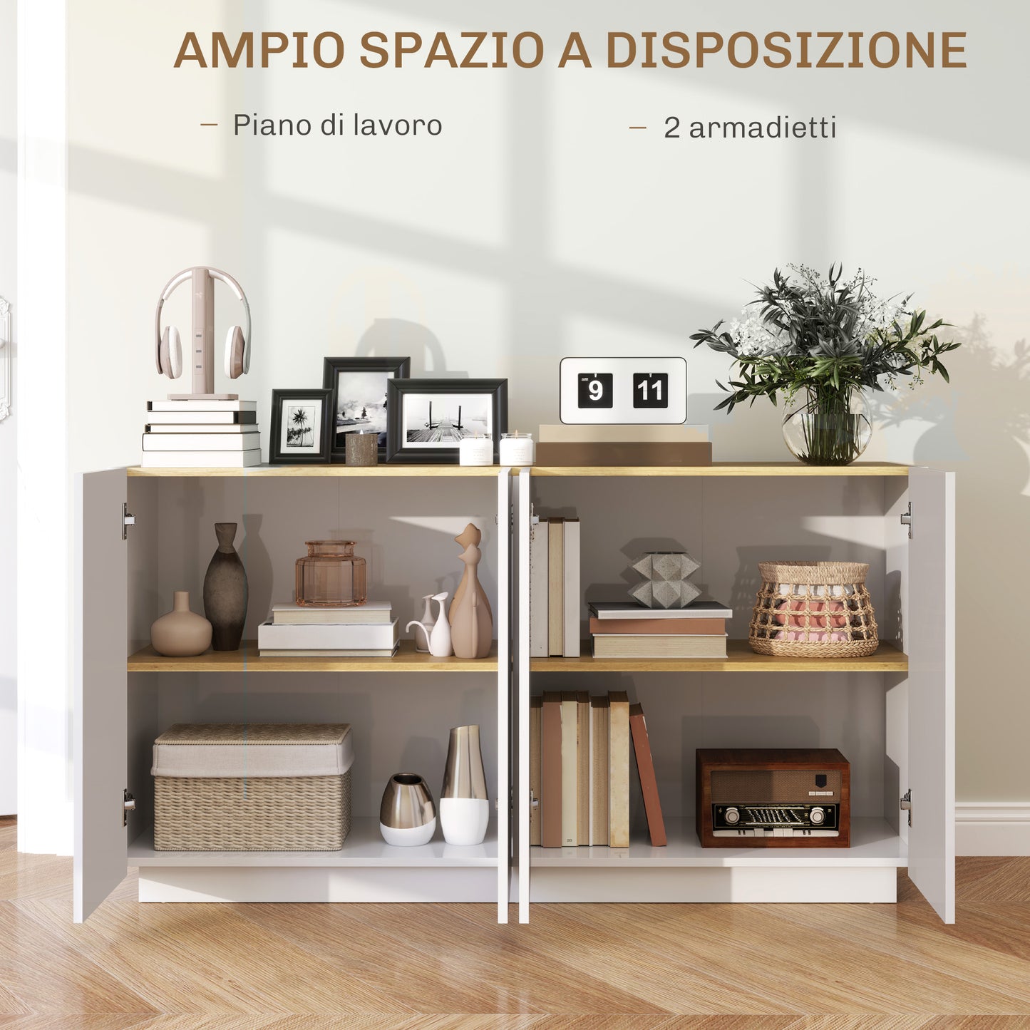 Modern Sideboard with 2-Door Cabinets, Soft Closing and Adjustable Shelves, 140x40x75cm, Gloss White