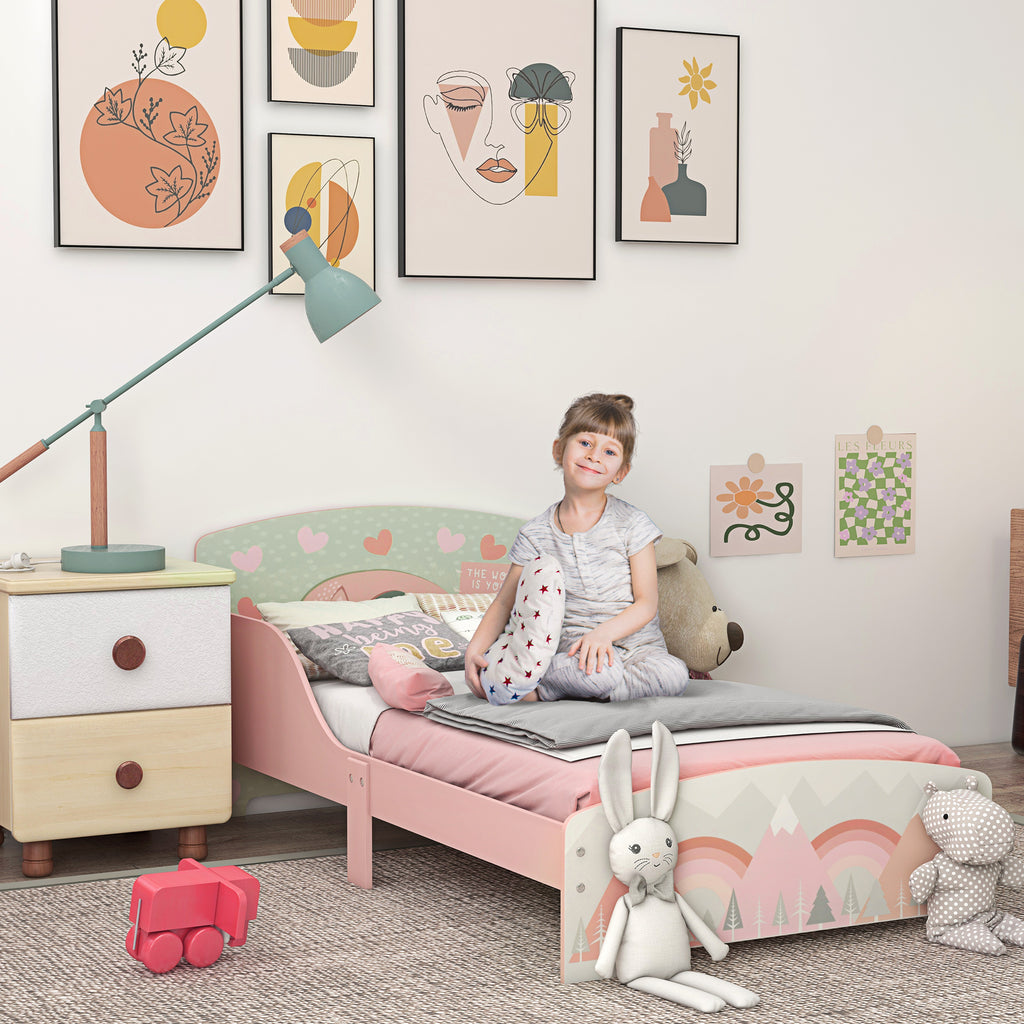 Children's Bed for 3-6 Years with Raised Edges, Slats and Animal Print, 140x70 cm, Pink