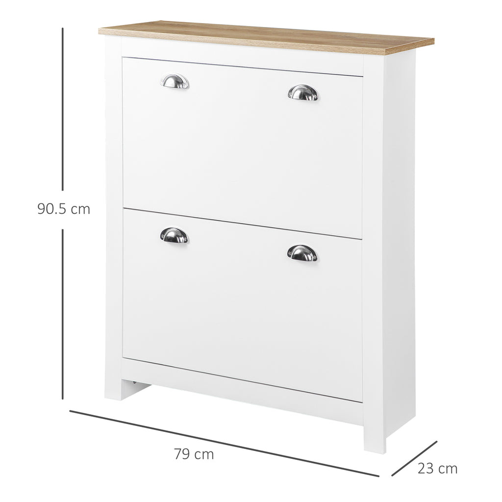 Slim Shoe Rack 2 Flap Drawers and Adjustable Shelf for 12 Pairs of Shoes, 79x23x90.5 cm, White