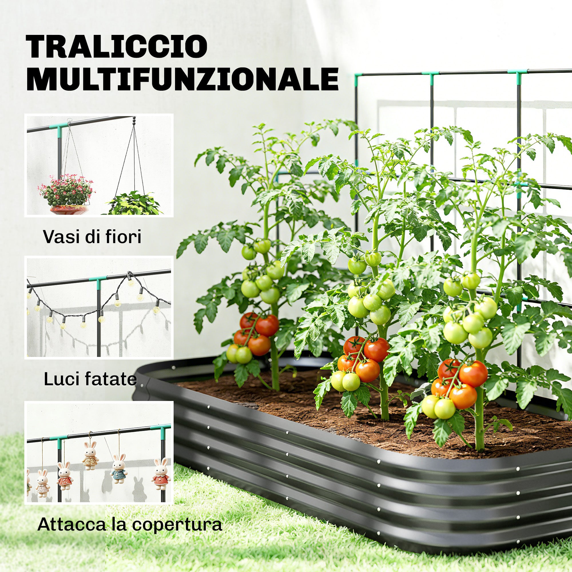 Outsunny Raised Vegetable Garden with Trellis for Climbing Plants and Open Metal Bottom, 220x110x150 cm, Dark Grey
