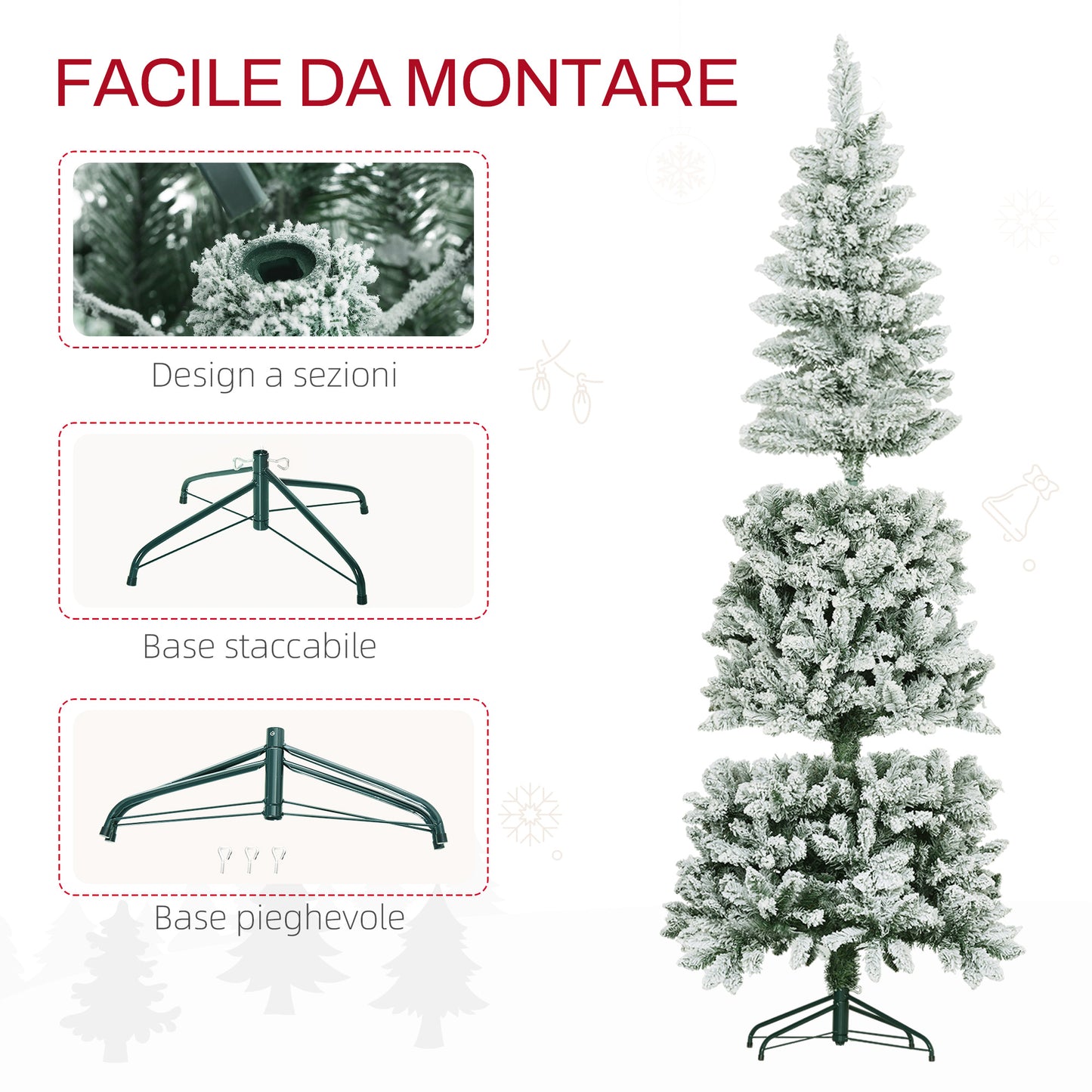 CHRISTMAS TREE - 180cm Christmas Tree with 479 Snowy Branches, Tall and Narrow Design with Folding Base, Green