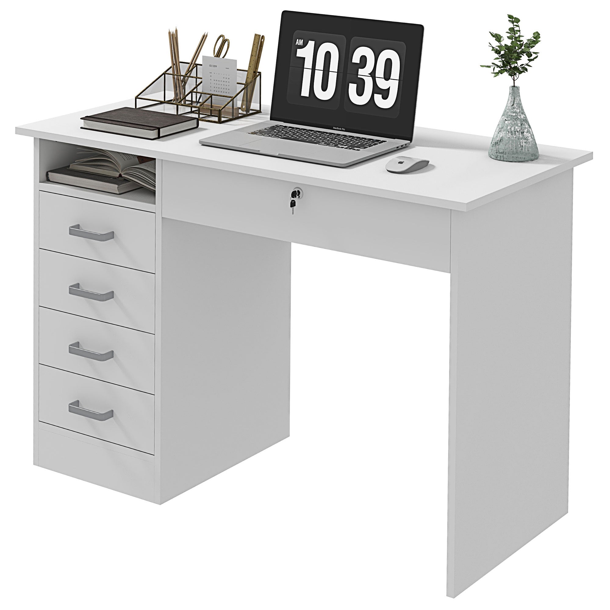 HOMCOM Modern Desk with 5 Drawers and Open Compartment with Lock and 2 Keys, 110x50x76cm, White - Borgè