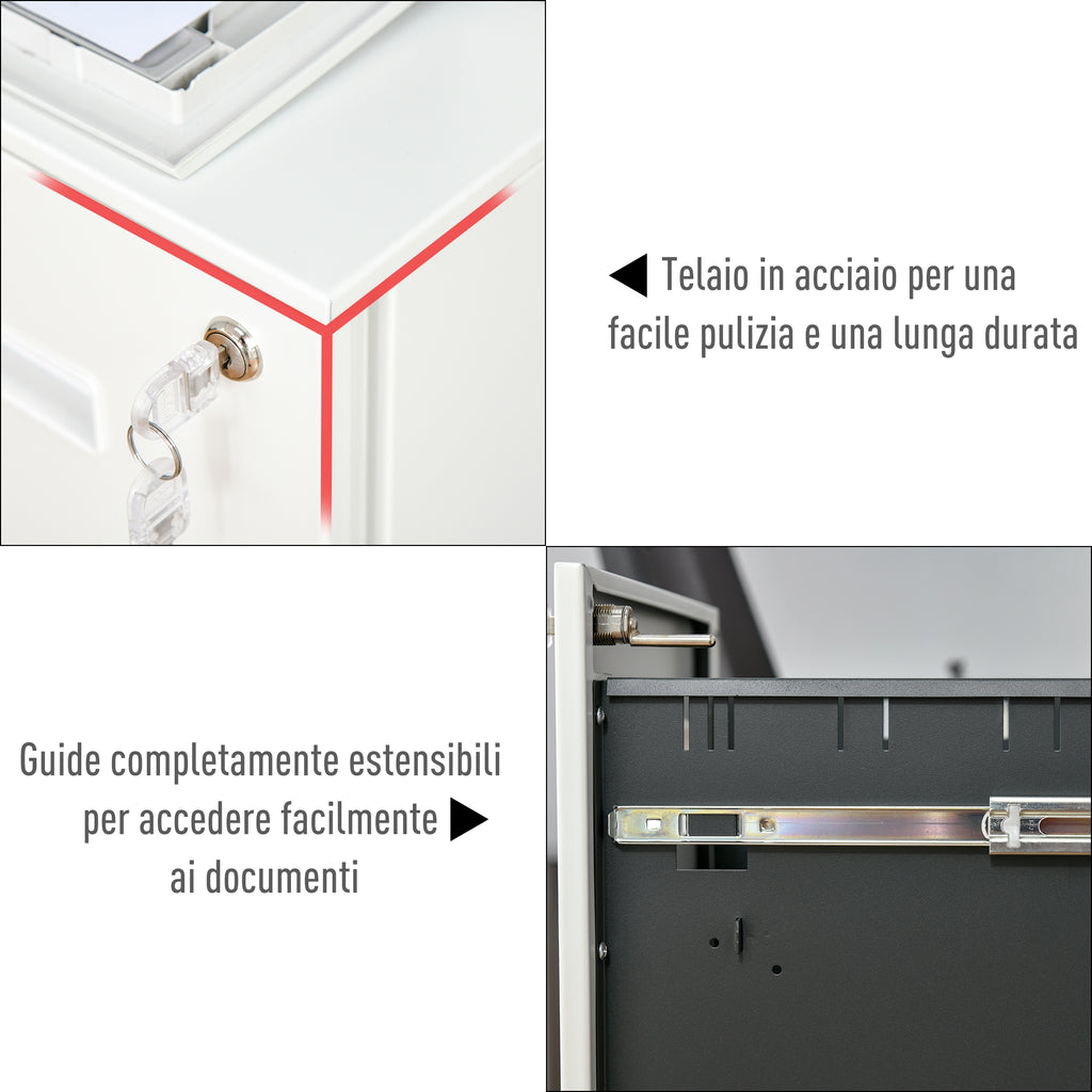 Office Drawer Cabinet with Wheels, 2-Drawer File Cabinet with Lock and 2 Keys in Steel, 39x48x67cm, White