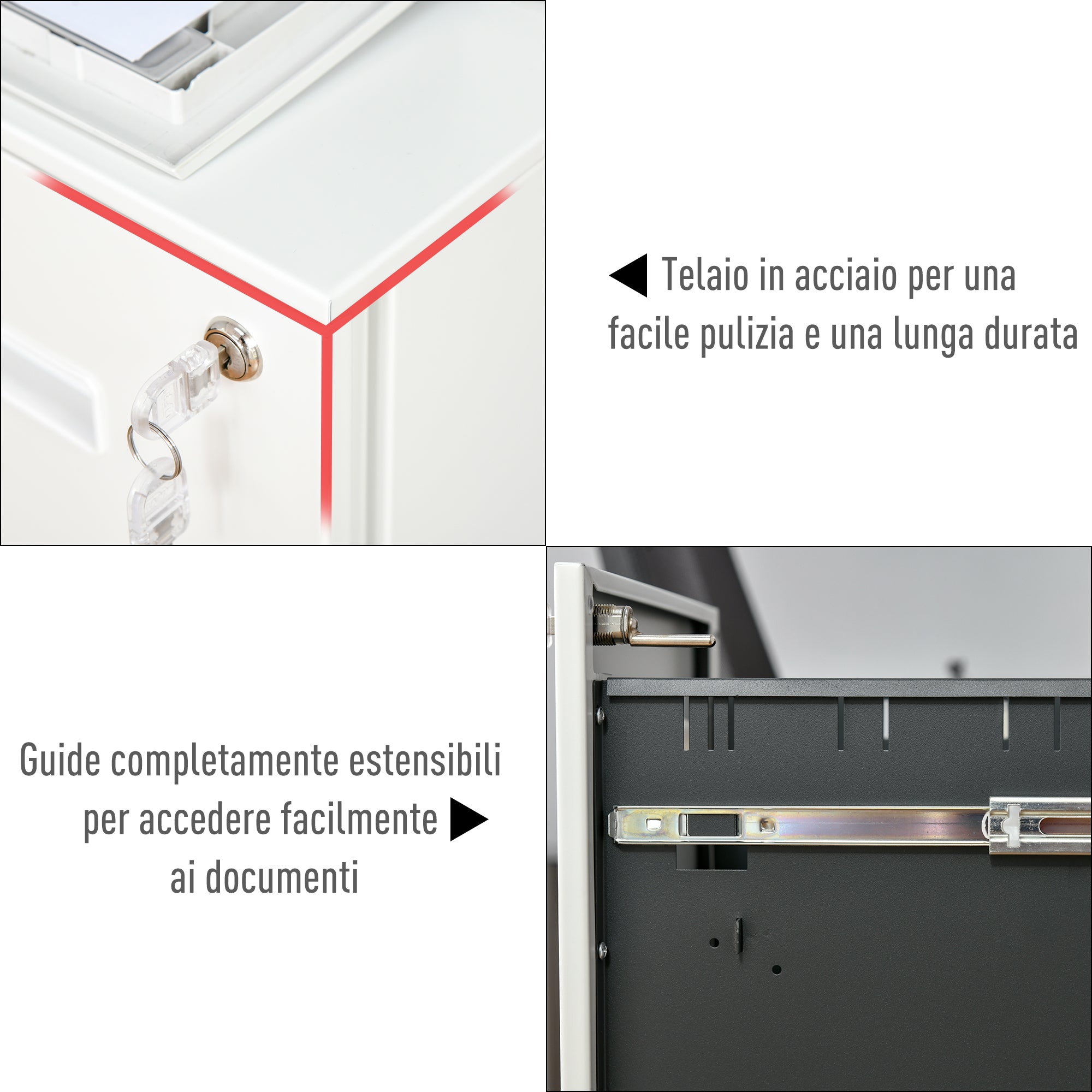 Office Drawer Cabinet with Wheels, 2-Drawer File Cabinet with Lock and 2 Keys in Steel, 39x48x67cm, White