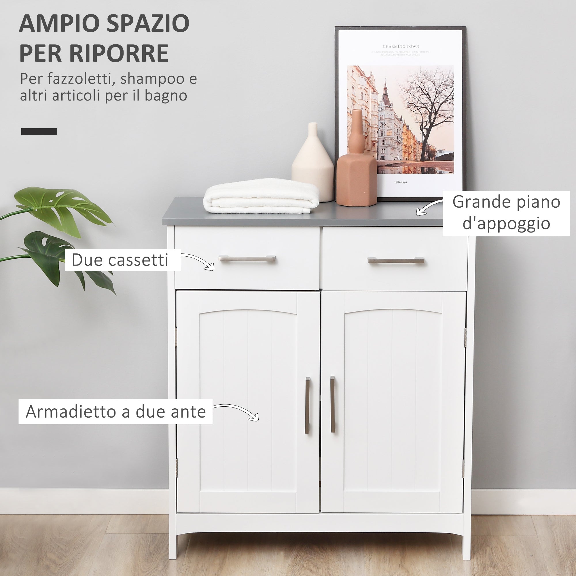 Kleankin Bathroom cabinet with 2 doors, 2 drawers and adjustable shelf, in MDF, 68x33x76cm - Borgè