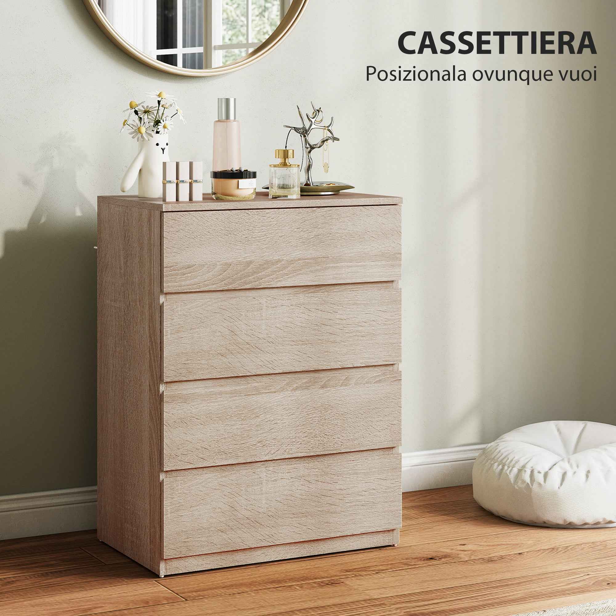 HOMCOM 4-Drawer Wooden Chest of Drawers with Metal Rails and Grooved Handles, 60x40x80 cm, Beech Color