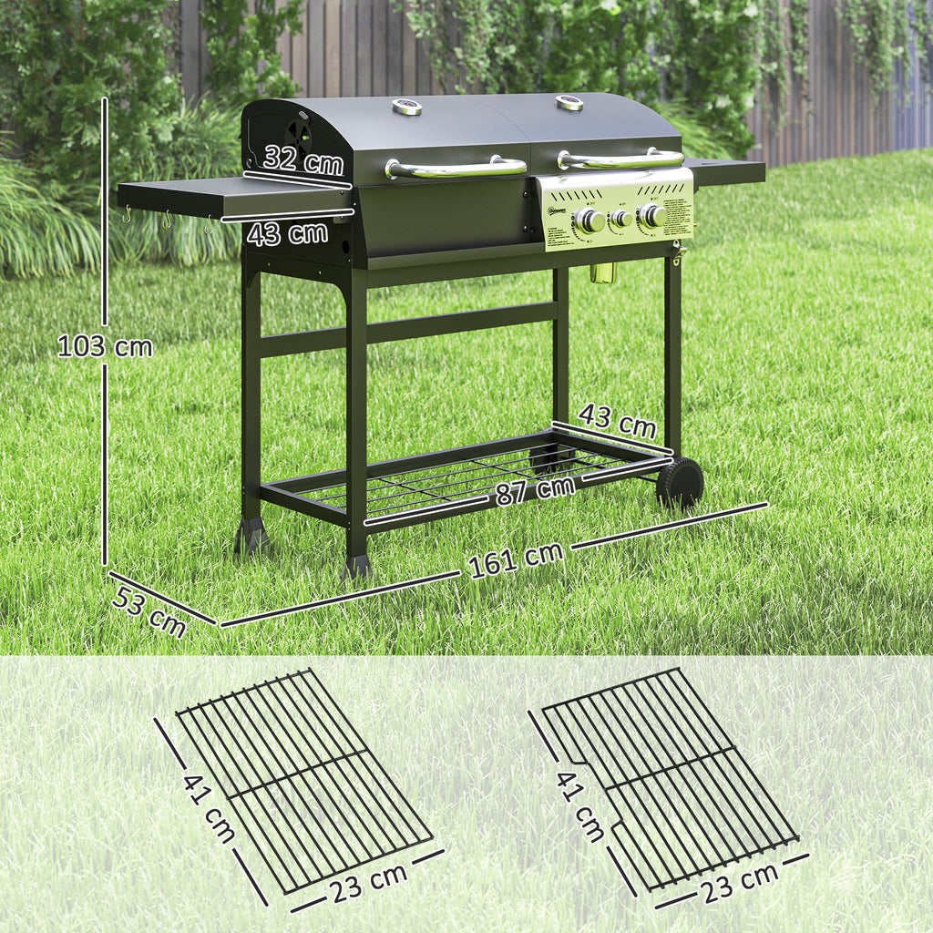 Charcoal and Gas Barbecue with 3 Burners and Lid, Thermometer, Wheels and Shelves, Black