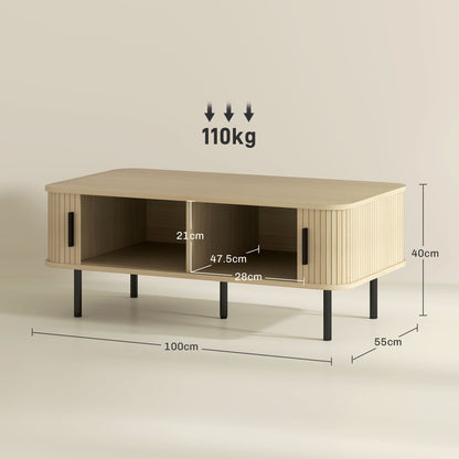 Coffee Table with 2 Storage Shelves and Sliding Doors, in Wood and Steel, 100x55x40 cm, Black and Oak