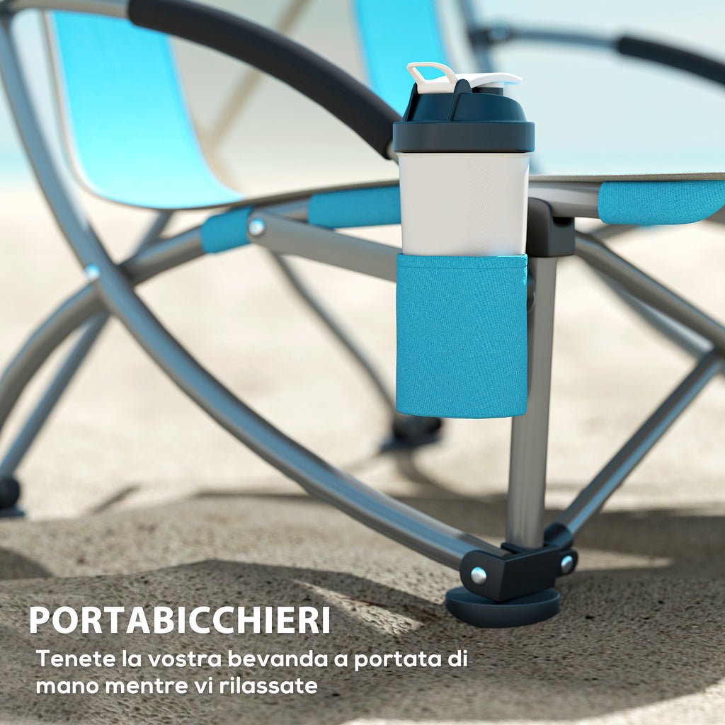 Set of 2 Folding Beach Chairs with Armrests, Cup Holder and Carrying Bag, Blue