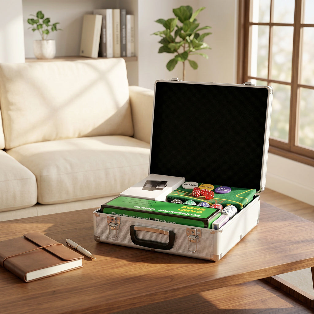 SPORTNOW Complete Poker Set with 500 Chips, Card Shuffler, Card Dispenser, Mat, 5 Dice, Silver