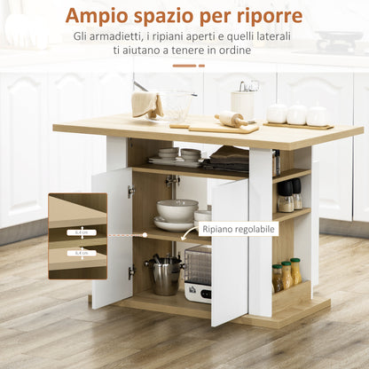 Kitchen Island 4-6 People with Cabinets and Open Shelves, in Chipboard, 110x70x75.5 cm, White and Wood color - Borgè