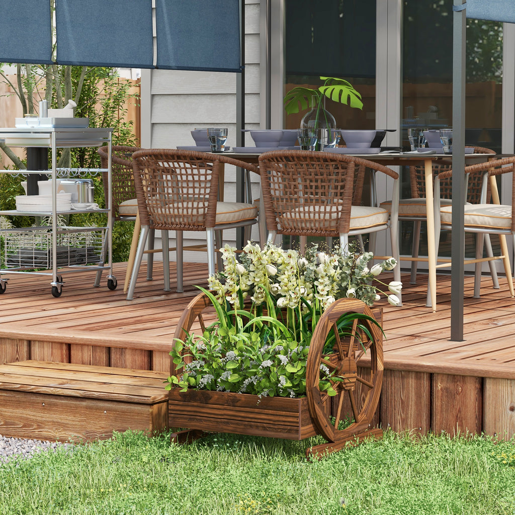Outsunny 3-Tier Outdoor Planter with Decorative Wheels Made of Carbonized Fir Wood, 62x61x57 cm