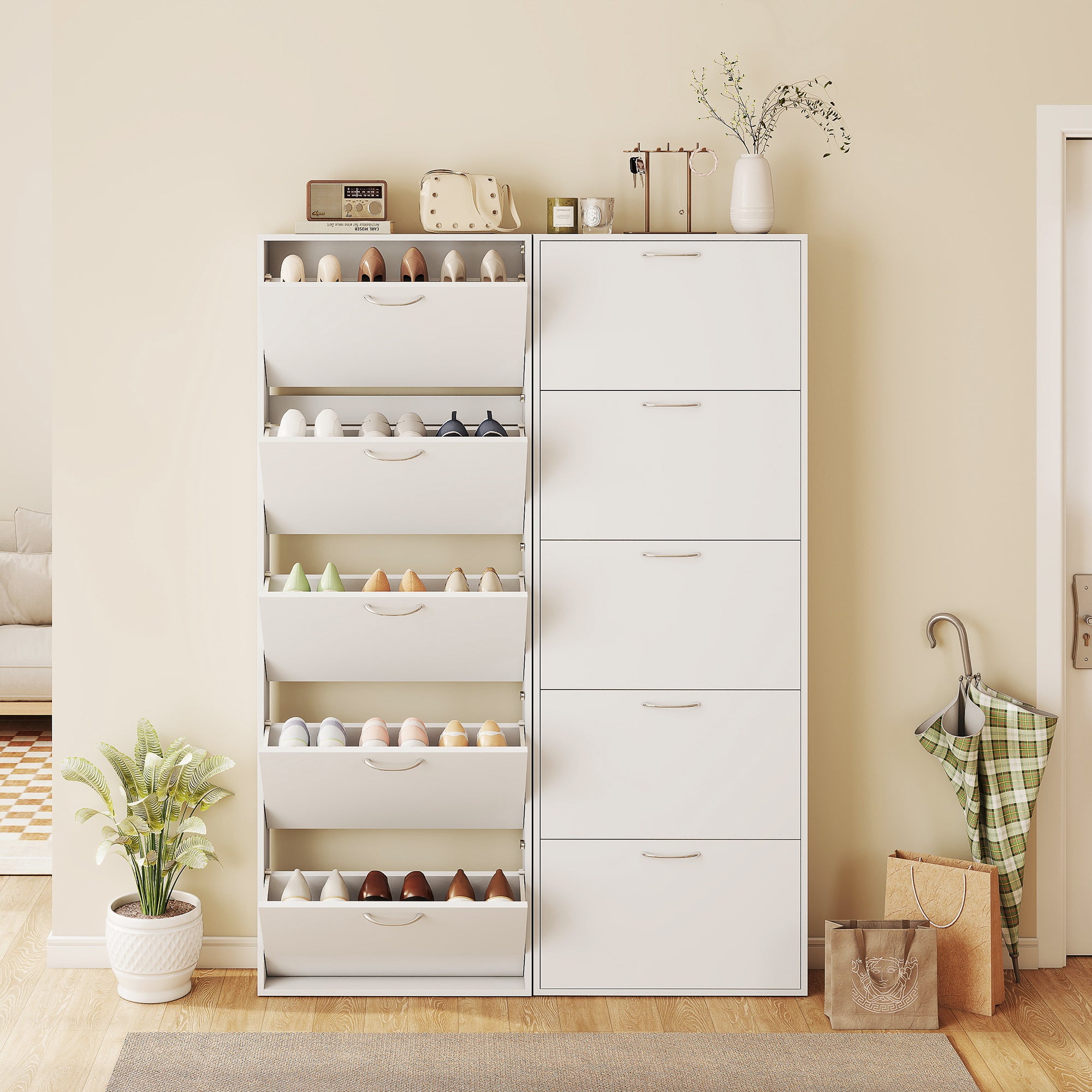 HOMCOM 5-Door Anti-Tip Wooden Shoe Rack, 65x17x180.5 cm, White