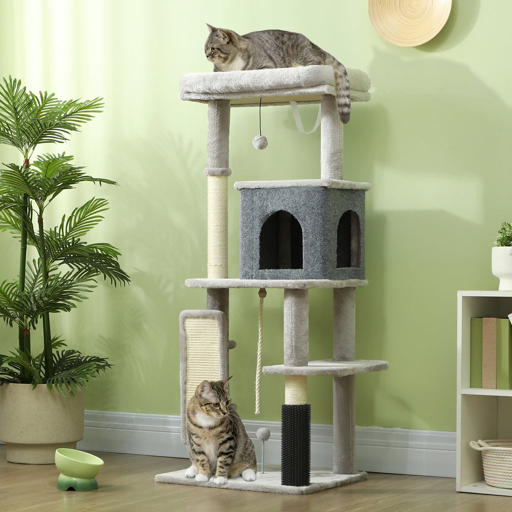 132cm High Multi-Level Cat Tree with House, Bed, Scratching Posts, Brush and Ball, Grey