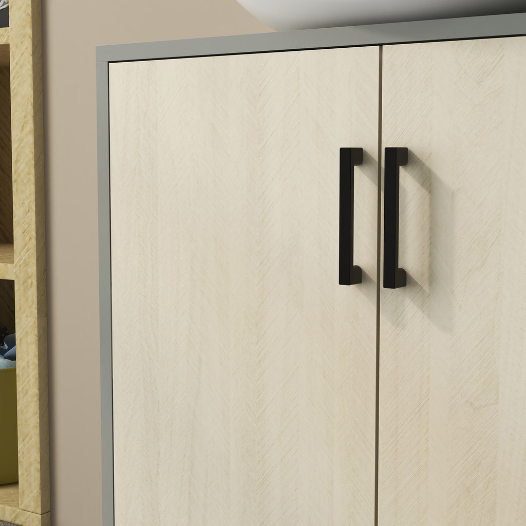 kleankin Bathroom Cabinet with Double Door and Chipboard Shelf, 60x30x60cm, Grey and Oak Color