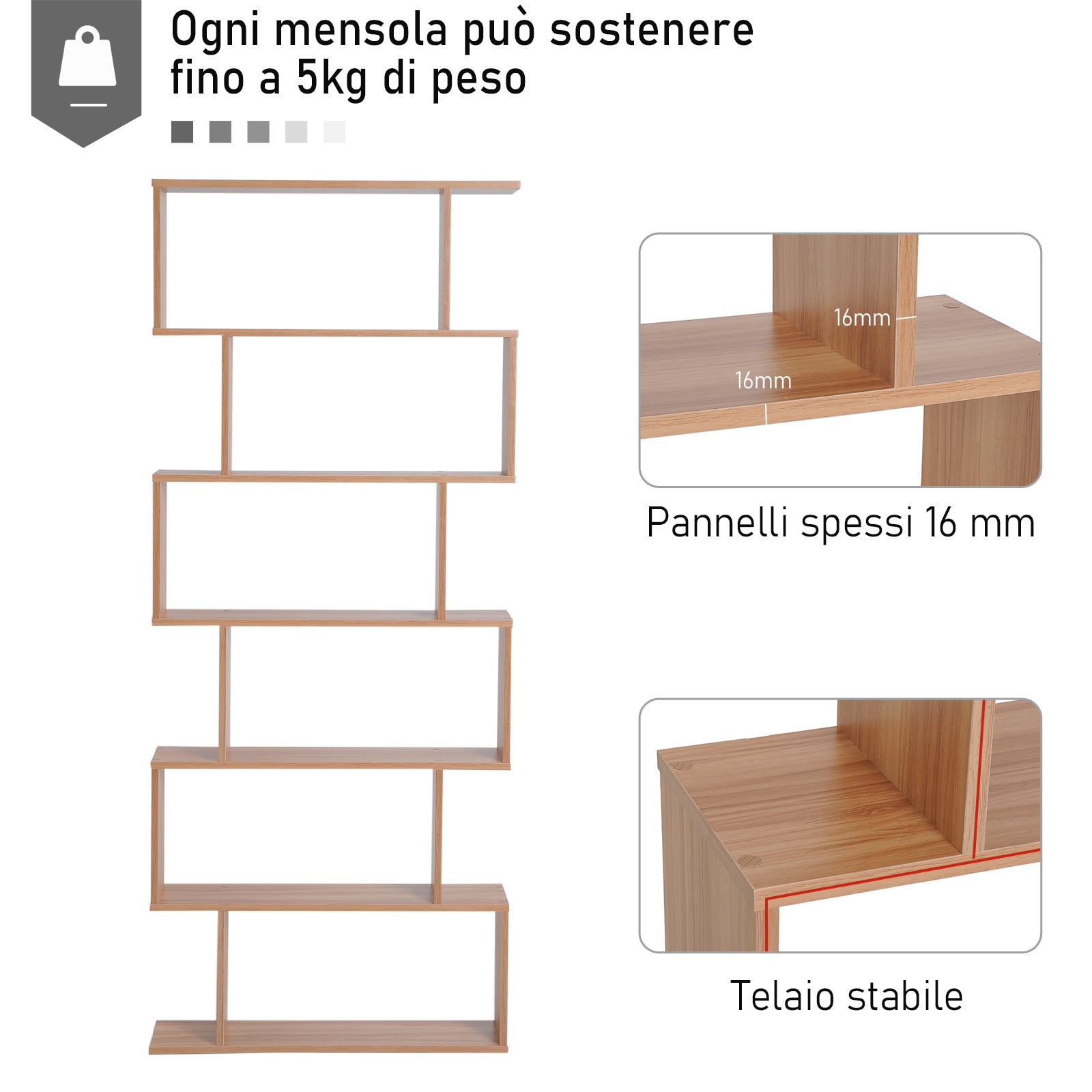 Modern Design Wooden Bookcase with 6 Shelves Natural Wood 80 × 23 × 192cm