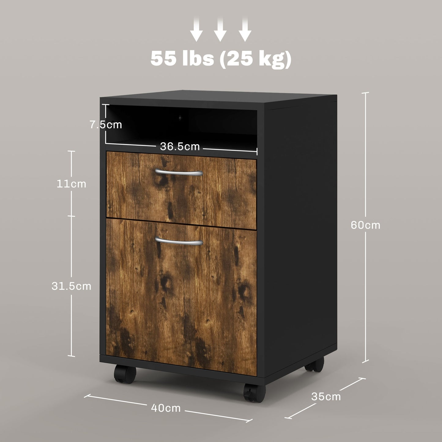 File Cabinet with Drawer and Shelf, 4 Wheels, 40x35x60cm, Brown and Black