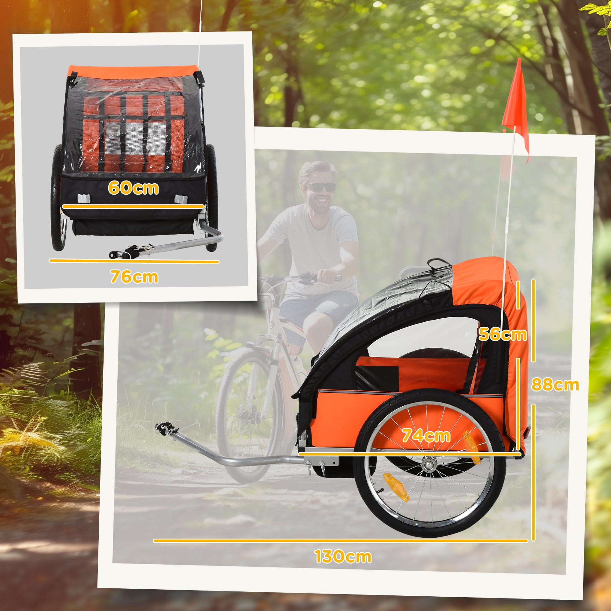 Children's Bike Trailer with 2 Seats, 2 Safety Belts, Steel Frame and Orange Oxford Fabric Cover