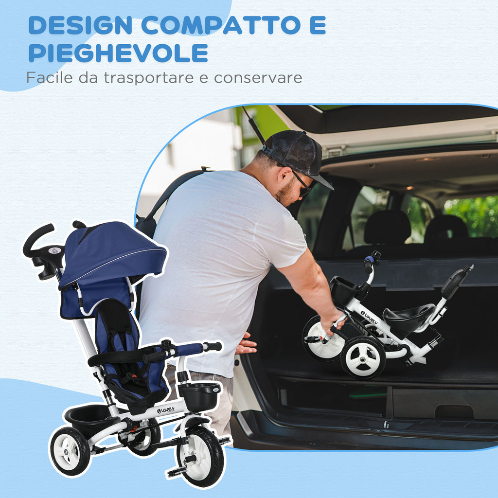 Tricycle Stroller for Children with Handlebar, Adjustable Sunshade and Safety Belt, Dark Blue - Borgè