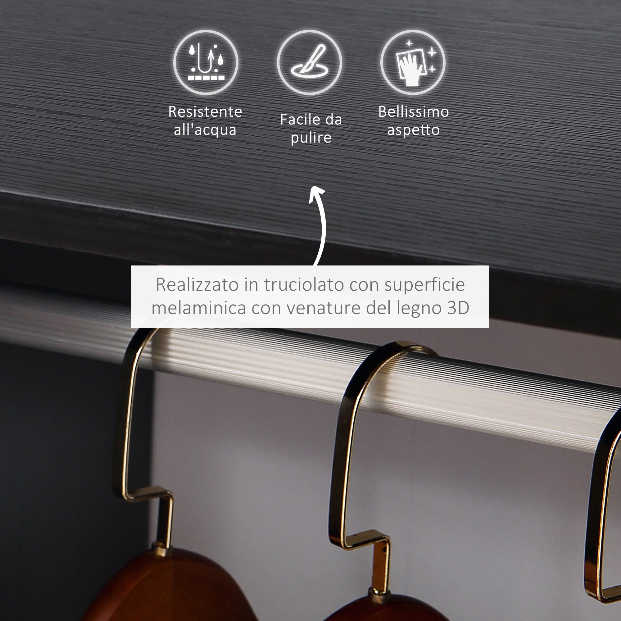 Coat Stand with Aluminum Bar and 2 Open Shelves, Chipboard, 60x40x128 cm, Black