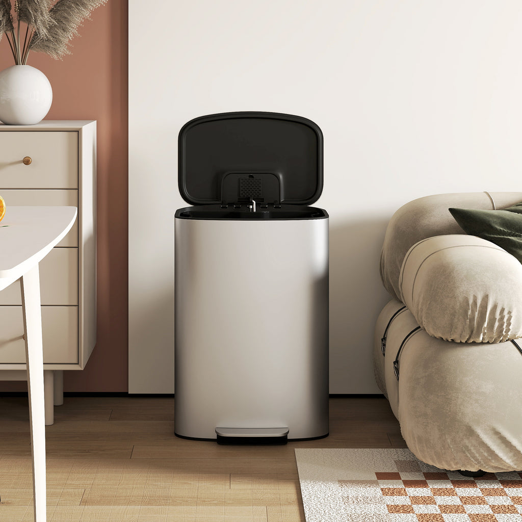 50L Pedal Bin with Soft-Close Lid, 90° Opening and Removable Bucket, Stainless Steel, Grey